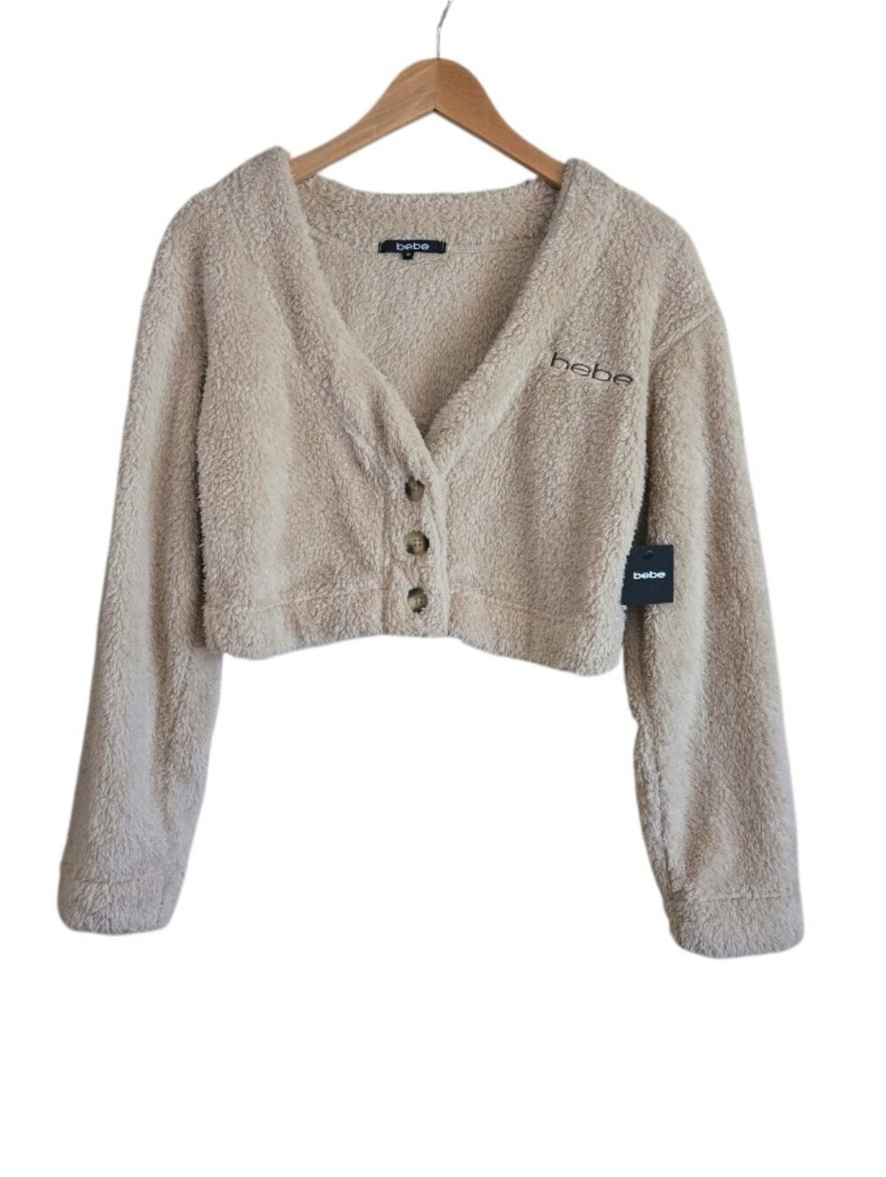 bebe Y2K Fuzzy Cropped Cardigan Beige Medium